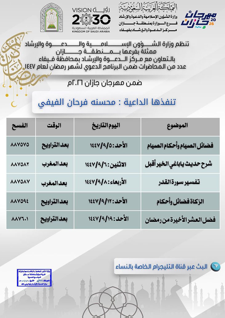 الشؤون الإسلامية بجازان تنظم عدد من المناشط الدعوية بفيفا والريث