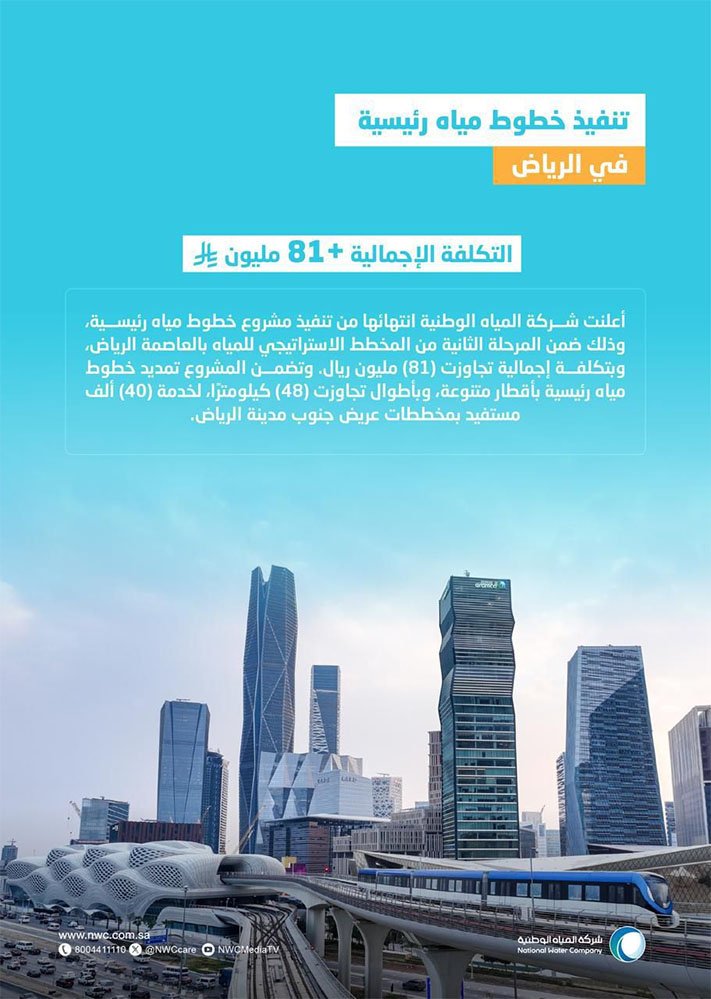 المياه الوطنية تنتهي من تنفيذ خطوط مياه رئيسية في الرياض بأكثر من 81 مليون ريال