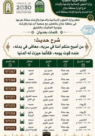 الشؤون الإسلامية بجازان تُنفّذ سلسلة من المناشط الدعوية بمحافظة الدرب ومركز الشقيق